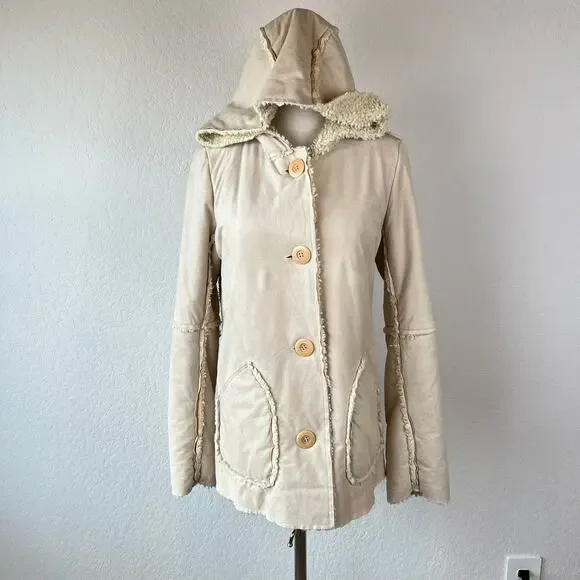 Vintage Y2K Faux Suede Faux Fur Sherpa Lined Jacket Button Up Hood size Medium - Picture 9 of 13